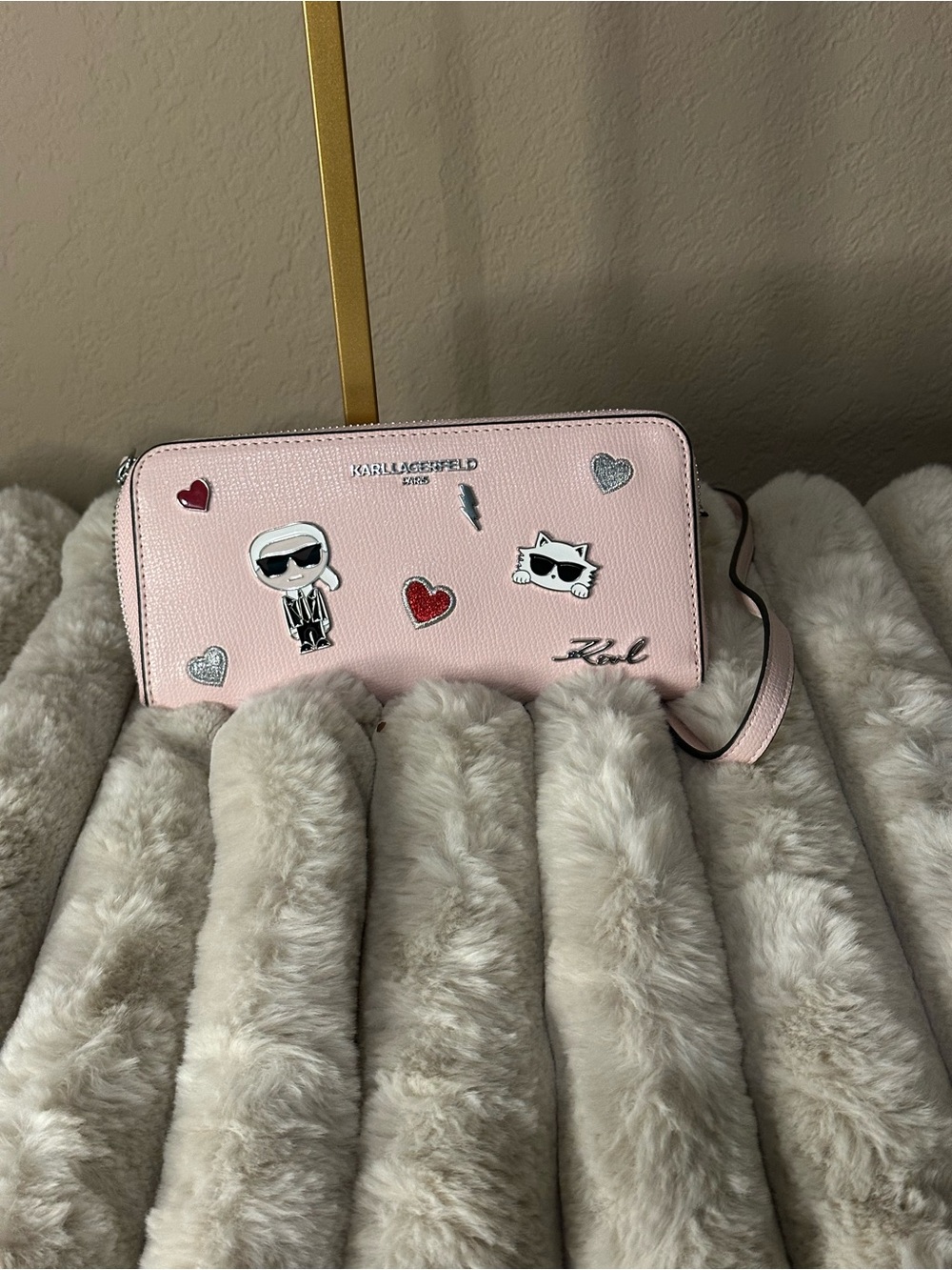 Karl Lagerfeld Pink Zip-Around Wristlet with Character & Heart Accents NWT